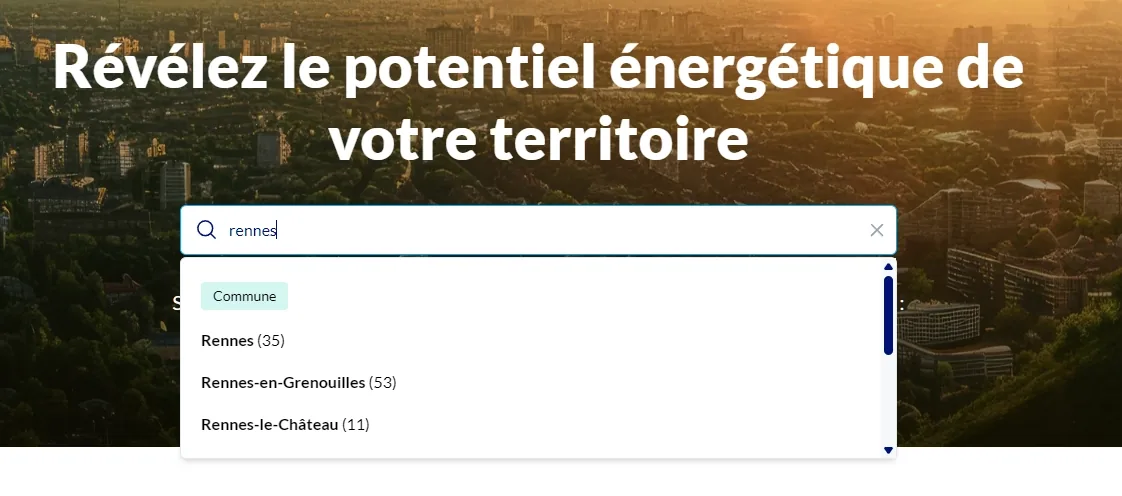 Search bar en hero EnerMap — autocomplete commune