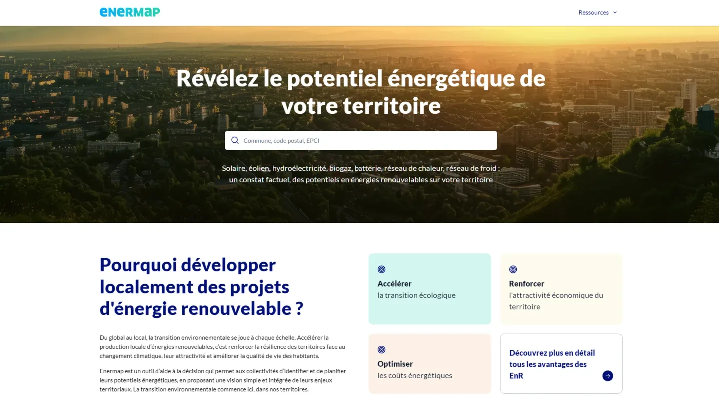 Interface principale d'EnerMap — carte de France avec potentiels ENR par commune