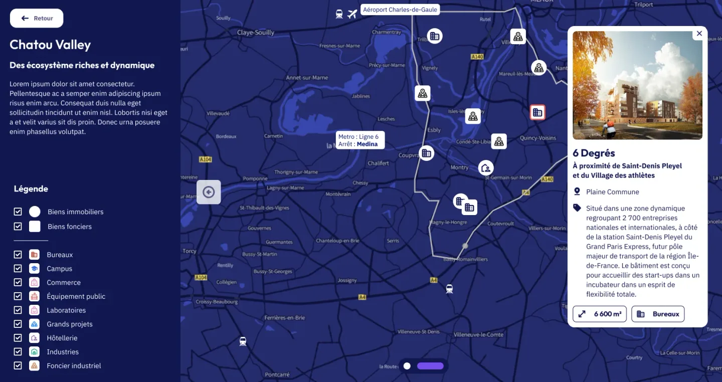 Map V3 — fiche bien en panneau latéral, carte visible